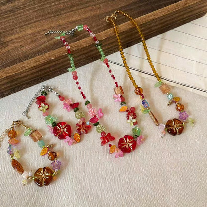 彩色串珠花朵項鍊－項鍊-咖色-綠色款實拍｜https://igowo.tw/