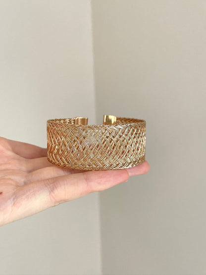 金色編織寬版手鐲中古vintage風輕奢復古手環百搭氣質小眾手飾女