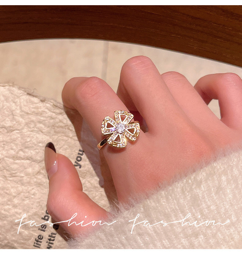 日韓花朵開口戒指時尚鋯石戒指女ins簡約網紅可調節個性指環手飾 J370金/均碼