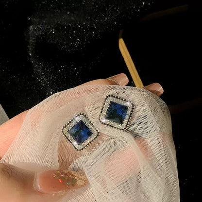 藍色滿鑽方形幾何耳環