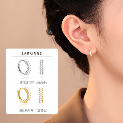 S925 通體鑲嵌珍珠耳環女輕奢高級感耳扣小眾設計時尚簡約耳圈