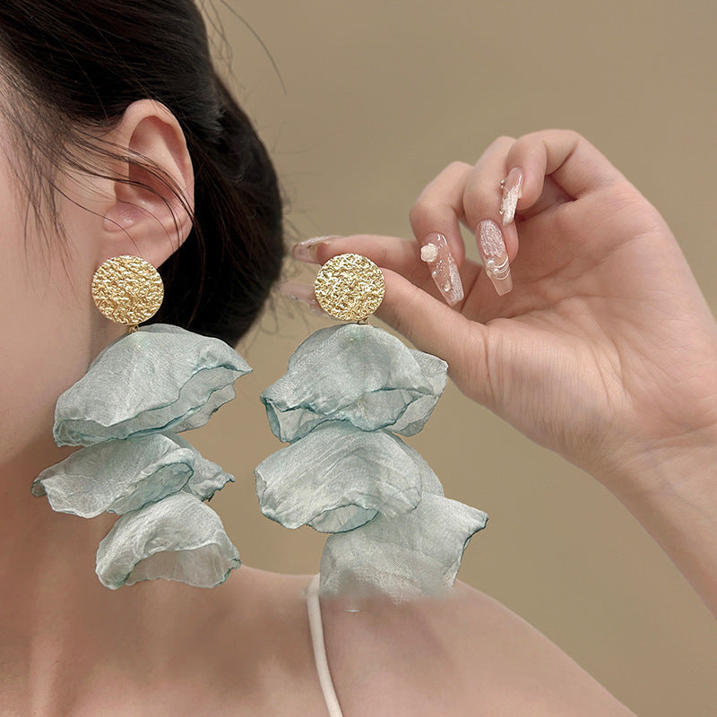 銀針褶皺圓形雪紡花流蘇耳環超仙小清新甜美耳釘小眾設計感耳飾女