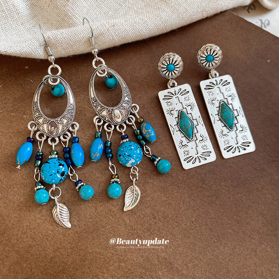 綠松石橢圓形鏤空圓形印花樹葉流蘇耳鉤民族風耳環輕奢高級感耳飾