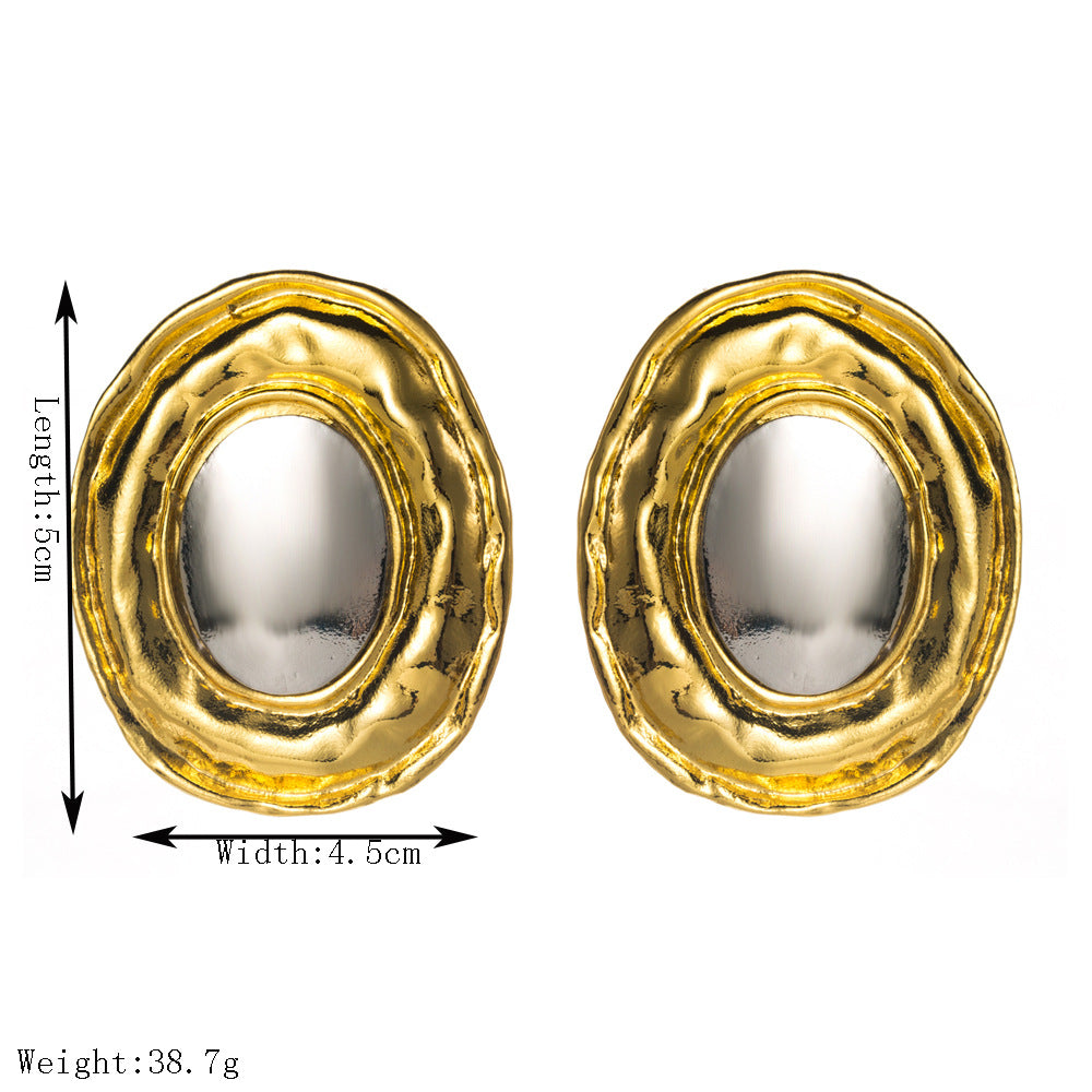 金屬橢圓誇張耳環－銀金款實拍｜https://igowo.tw/