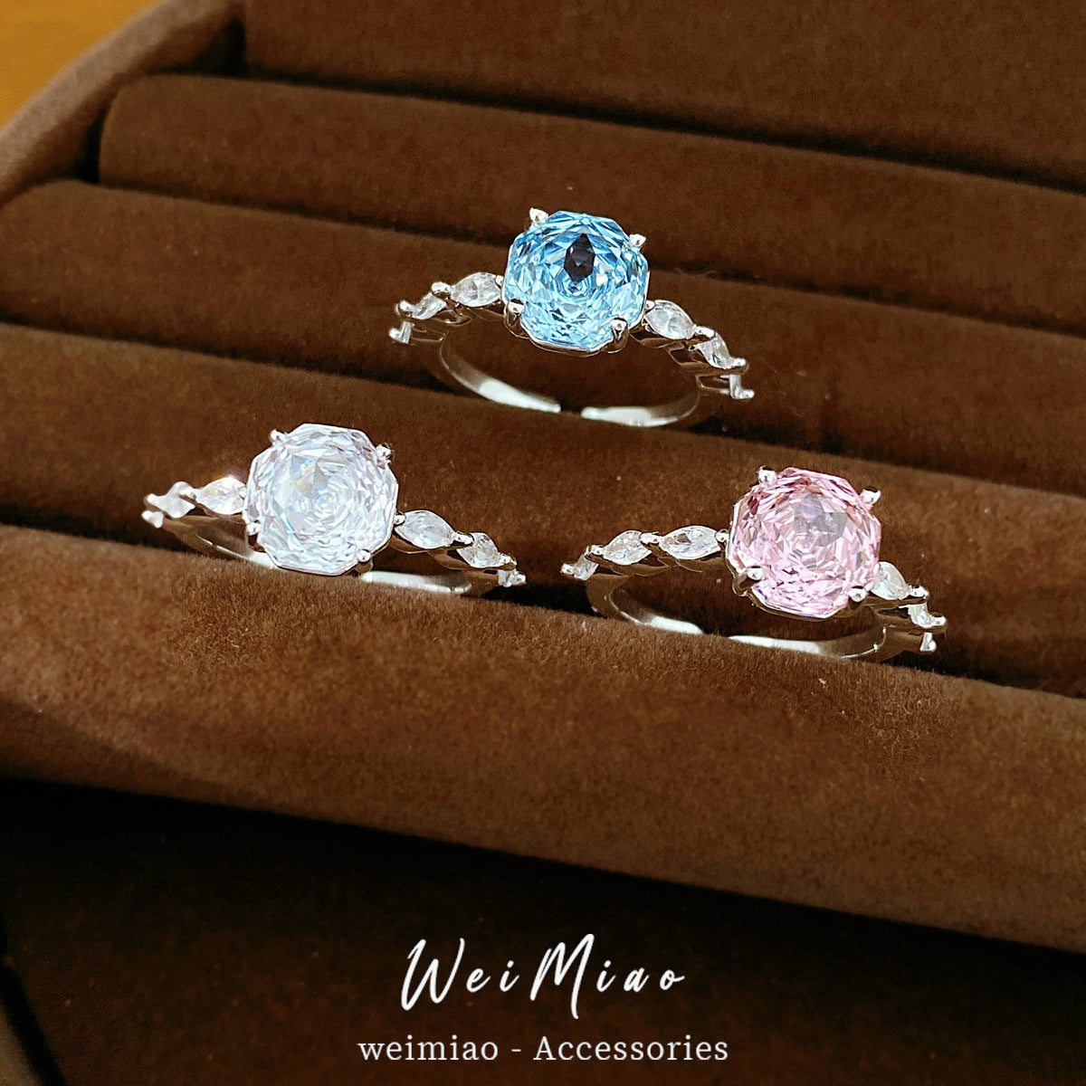 鋯石花朵可調式戒指－戒指-粉色款實拍｜https://igowo.tw/