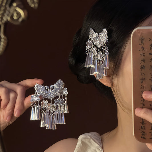 余音裊裊~民族風復古銀色流蘇夾子發夾側邊夾藏族苗疆發飾高級感