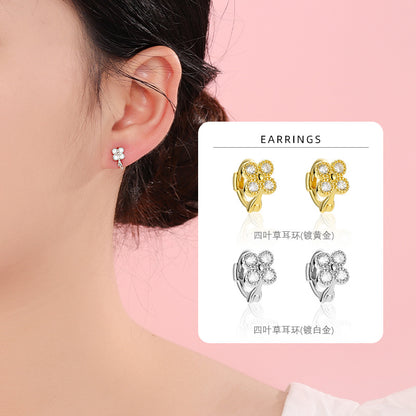 S925 鑲鑽四葉草花朵耳圈簡約氣質溫柔耳環時尚百搭高級感耳扣