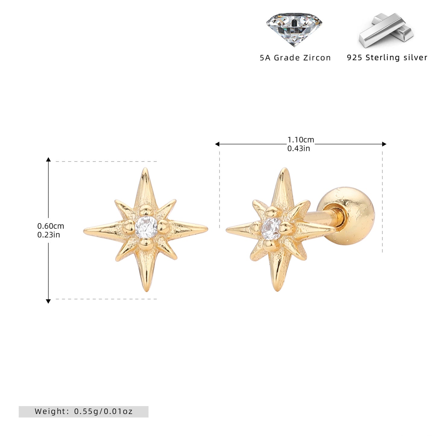 S925 歐美耳飾八芒星螺絲耳釘八角星鑲鋯穿刺飾品個性風潮