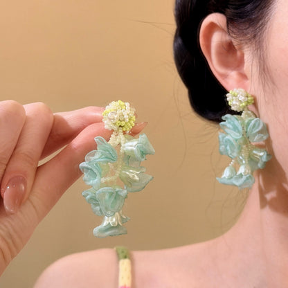 銀針氧氣夏日薄荷曼波綠色耳釘女海邊度假風水晶花朵流蘇耳環耳飾