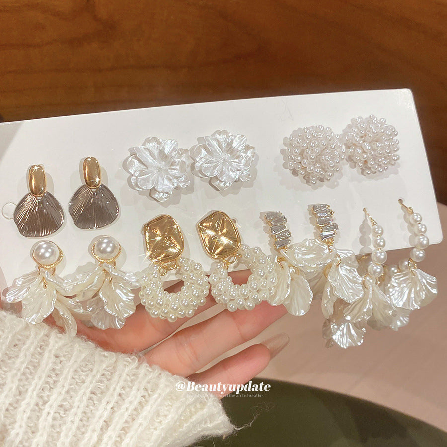 銀針鑲鉆花朵珍珠耳釘套裝復古氣質優雅百搭耳環輕奢高級感耳飾女