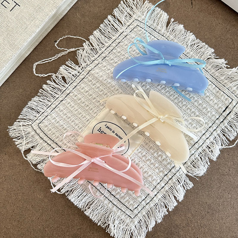 醋酸板材蝴蝶結鯊魚夾－粉色款實拍｜https://igowo.tw/