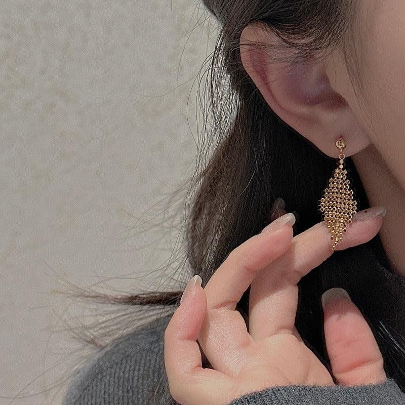 S925純銀韓版小眾設計感復古流蘇扁珠耳環韓國風個性耳飾品