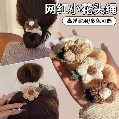 絨面花朵髮圈－卡其花朵款實拍｜https://igowo.tw/