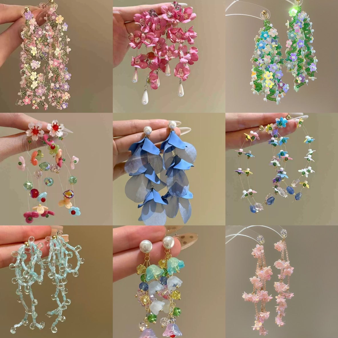 水晶串珠花朵流蘇耳釘－商品主圖｜https://igowo.tw/