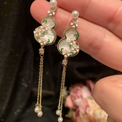 銀針中國風花朵葫蘆珍珠流蘇耳環氛圍感流蘇耳墜新中式溫柔耳飾女