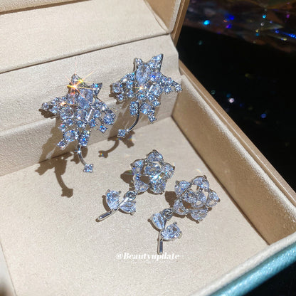 銀針鋯石花朵星星耳釘冷淡風奢華氣質小眾百搭耳環輕奢高級感耳飾
