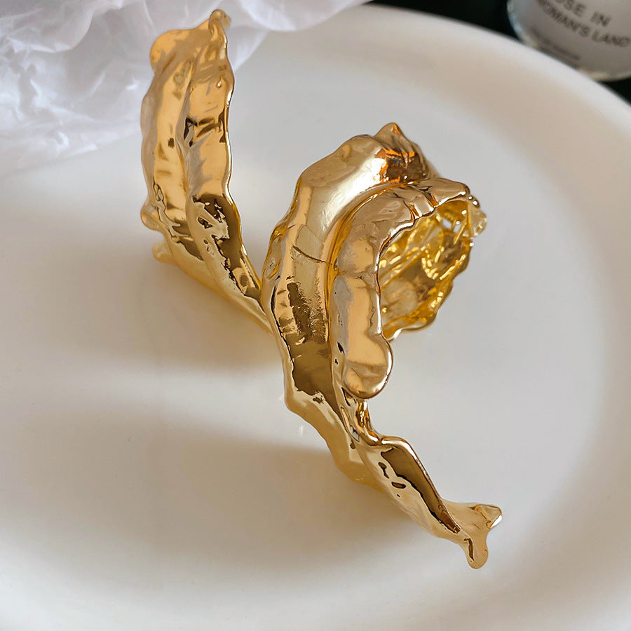 歐美金屬感褶皺樹葉開口臂環手鐲時尚百搭手環個性小眾設計感手飾