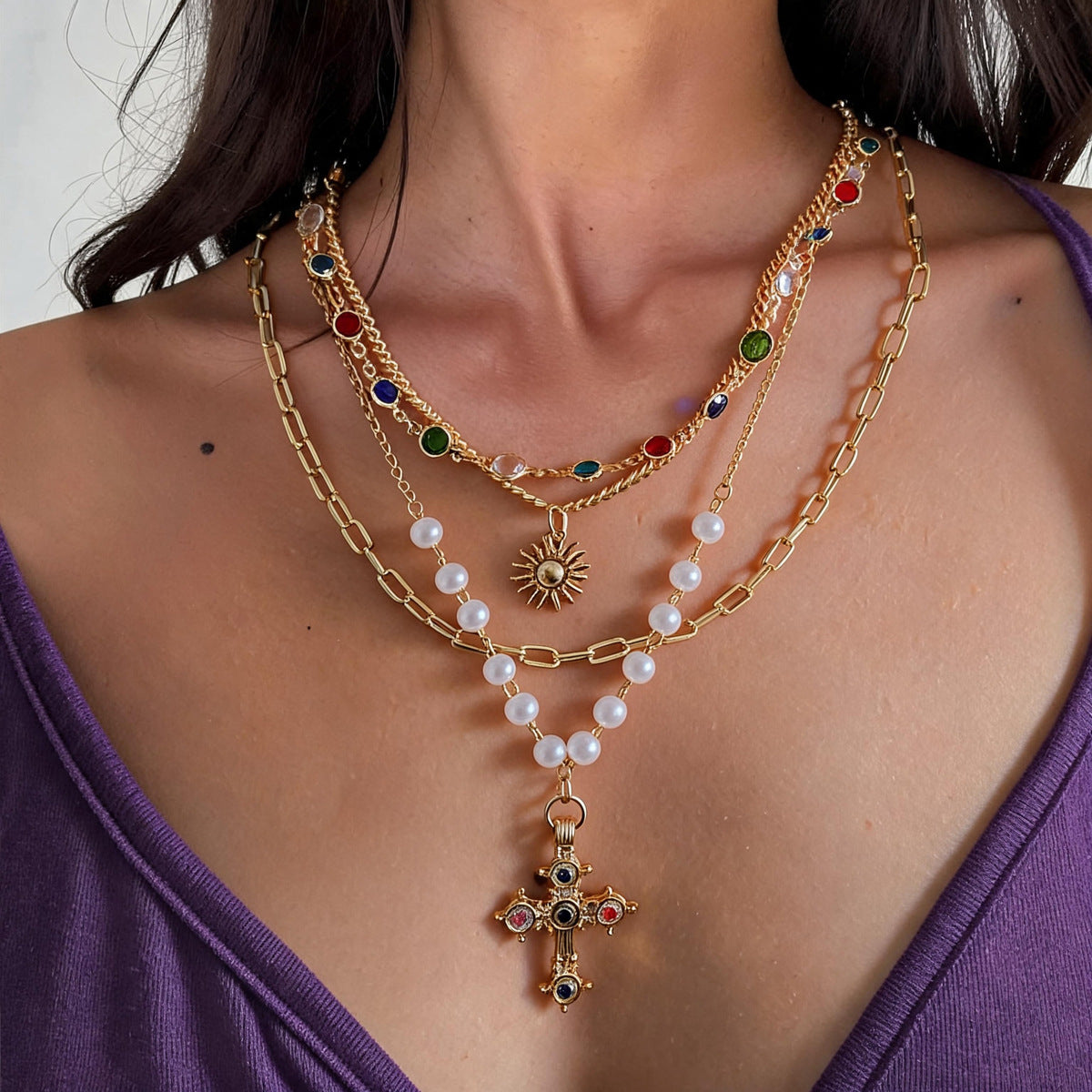 珍珠串珠鑲鑽復古項鍊－商品主圖｜https://igowo.tw/