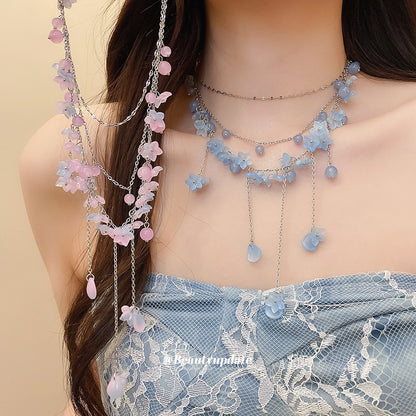 不鏽鋼花朵流蘇項鍊－項鍊-藍紫色款細節｜https://igowo.tw/