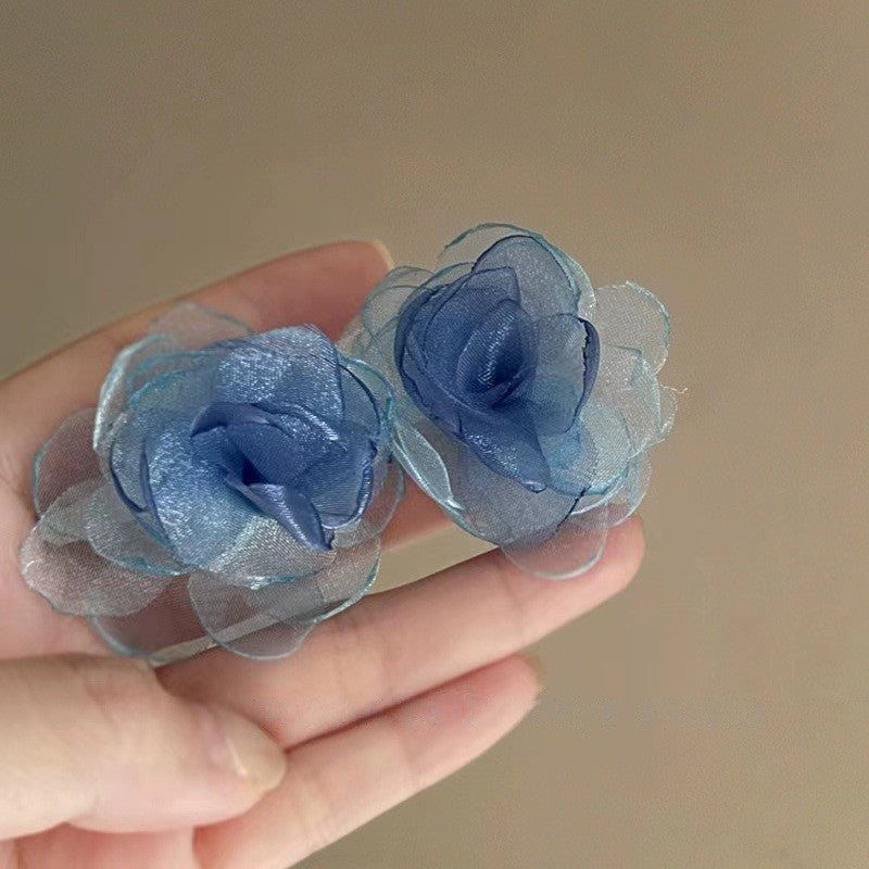 銀針花朵滴油鑲鉆耳釘夏季小清新藍色系耳環時尚百搭高級感耳飾女
