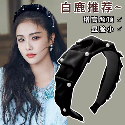 黑色珍珠寬版髮箍－4cm珍珠深咖色款實拍｜https://igowo.tw/