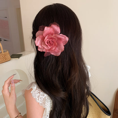 超仙布藝網紗花朵發夾甜美優雅拍照氛圍感鴨嘴夾輕奢高級感發飾女