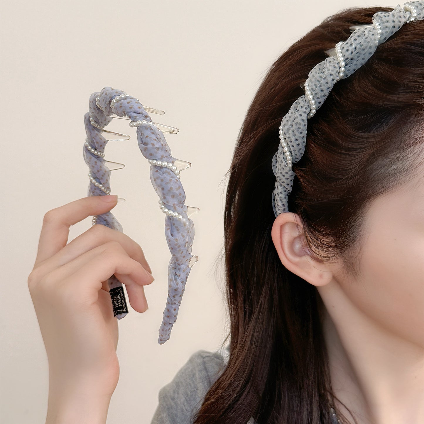 珍珠網紗纏繞髮箍－商品主圖｜https://igowo.tw/