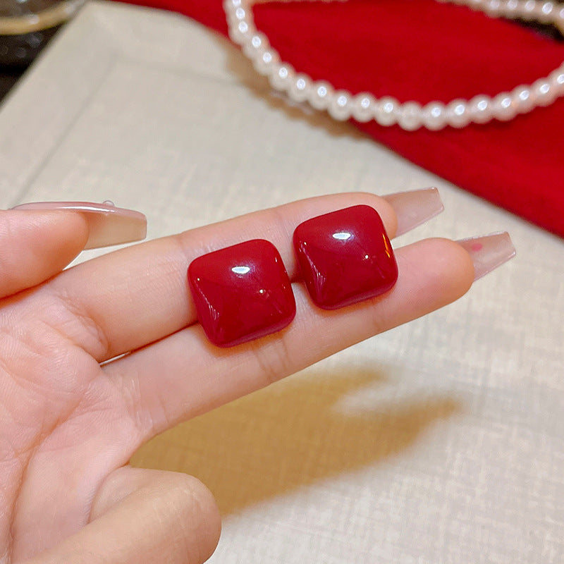 S925銀針安可拉紅方塊耳釘