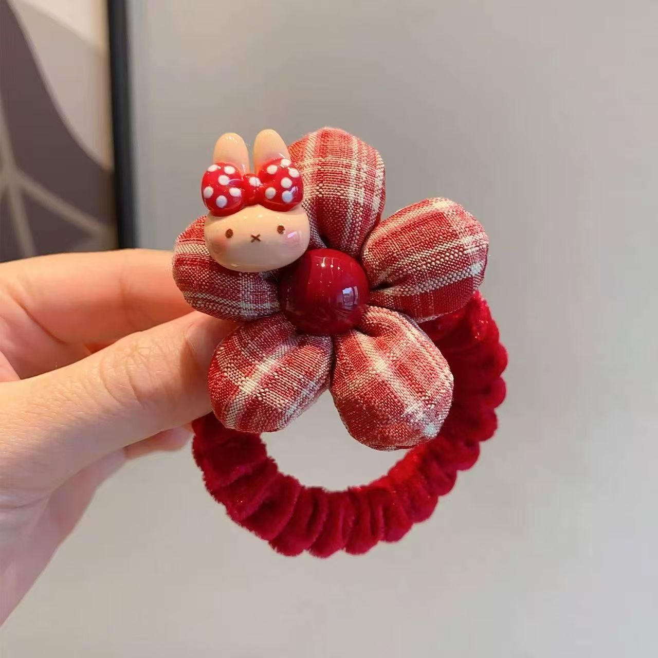 紅色格紋花朵髮圈