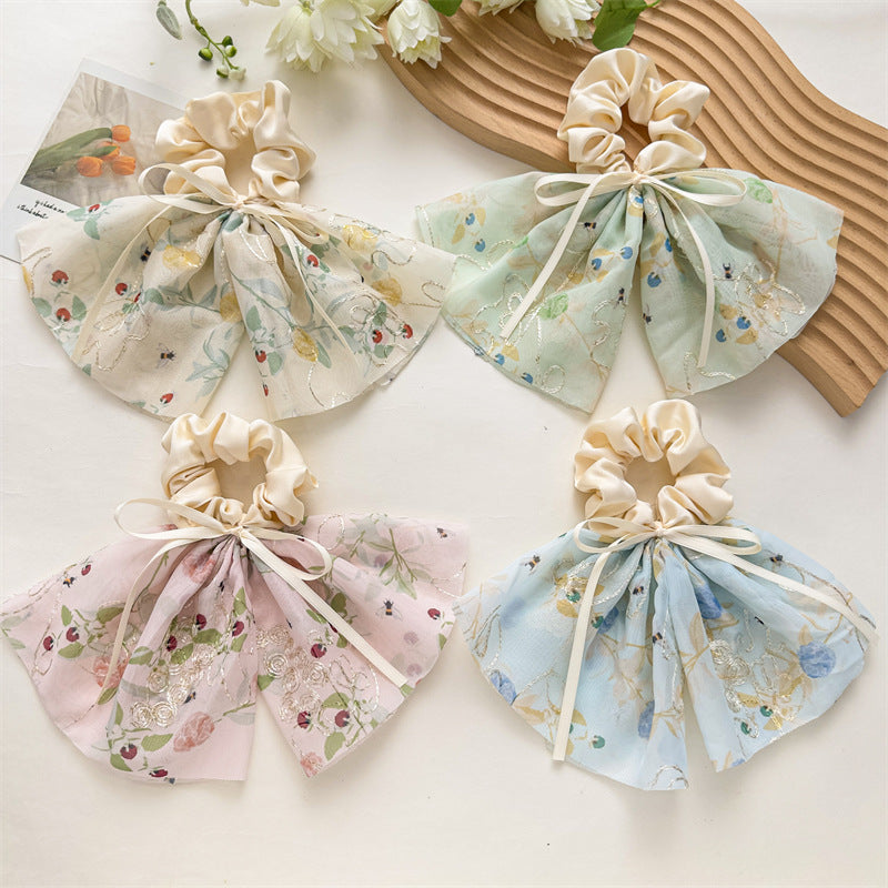 緞帶碎花刺繡髮圈－刺繡米色飄帶款實拍｜https://igowo.tw/