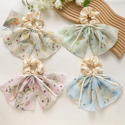 緞帶碎花刺繡髮圈－刺繡米色飄帶款實拍｜https://igowo.tw/