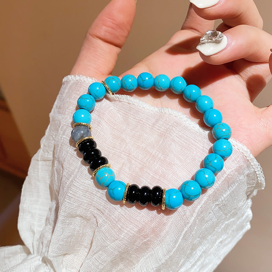 藍晶綠石頭黑瑪瑙幾何圓形串珠手鏈復古氣質手串小眾設計感手飾女