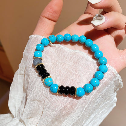 藍晶綠石頭黑瑪瑙幾何圓形串珠手鏈復古氣質手串小眾設計感手飾女