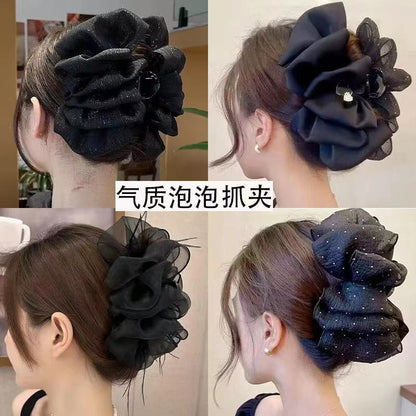 黑色蝴蝶結抓夾高級感精致百搭飄帶發夾時尚后腦勺鯊魚夾頭飾批發