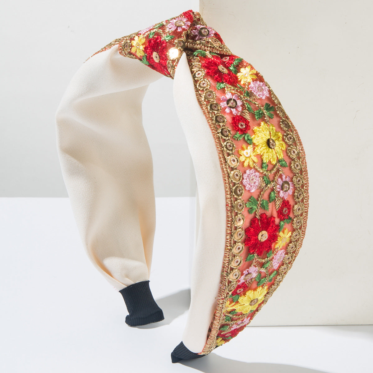 網紗花朵扭結刺繡髮箍－紅色款細節1｜https://igowo.tw/