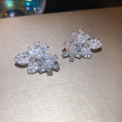 銀針鋯石花朵葉子精致時尚耳釘女夏季百搭獨特耳環輕奢高級感耳飾