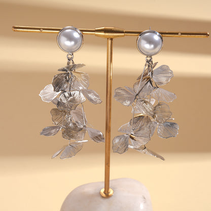 珍珠金屬花朵流蘇耳環－21#銀針-金色款細節9｜https://igowo.tw/