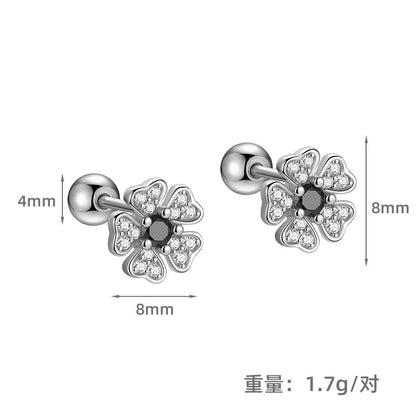 S925 鑲鑽五瓣花螺絲擰扣耳釘女時尚歐美INS風養耳洞耳飾
