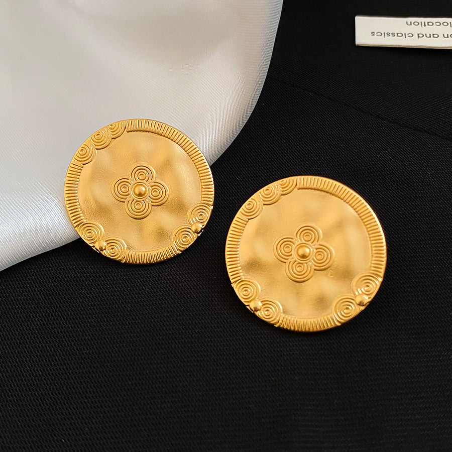 18k真金電鍍銀針橢圓形印花耳釘小眾高級感耳環歐美跨境啞光耳飾