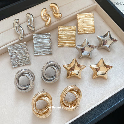 歐美金屬感褶皺纏繞麻花打結星星耳釘時尚百搭耳環小眾設計感耳飾