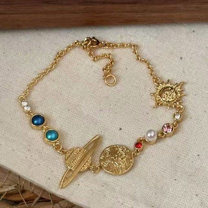歐美新款鑲鉆圓形土星珍珠手鏈時尚小眾設計感耳環復古宮廷風手飾