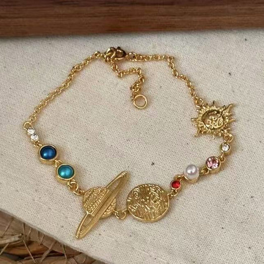 歐美新款鑲鉆圓形土星珍珠手鏈時尚小眾設計感耳環復古宮廷風手飾