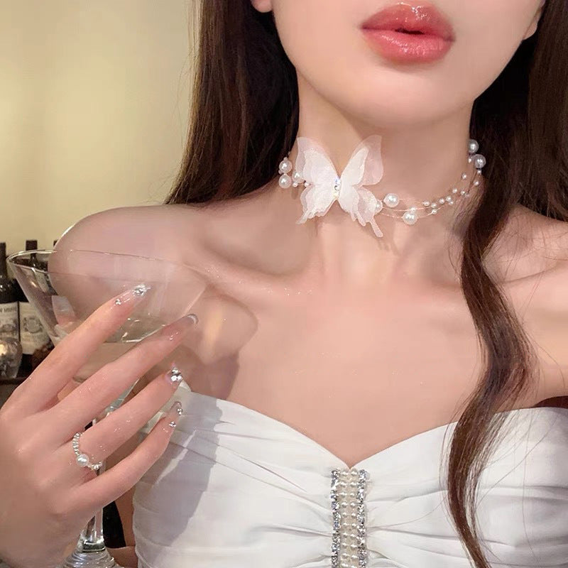 珍珠蝴蝶鑲鑽項鍊－9#項鍊-白色款細節｜https://igowo.tw/