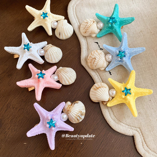 鑲鉆星星珍珠貝殼海星發夾海邊度假風鴨嘴夾側邊碎發劉海夾發飾女