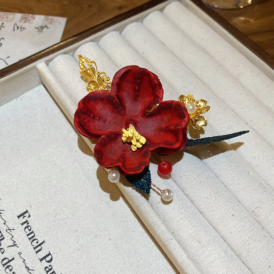 中國風新年珍珠花朵流蘇發夾高級感后腦勺鴨嘴夾時尚百搭發飾批發