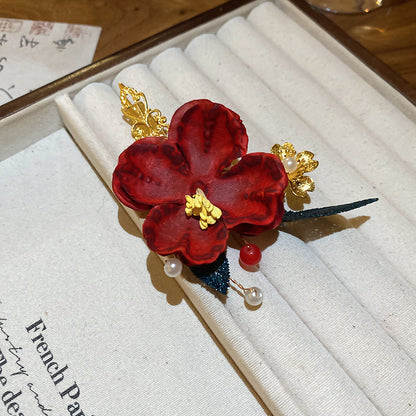 中國風新年珍珠花朵流蘇發夾高級感后腦勺鴨嘴夾時尚百搭發飾批發