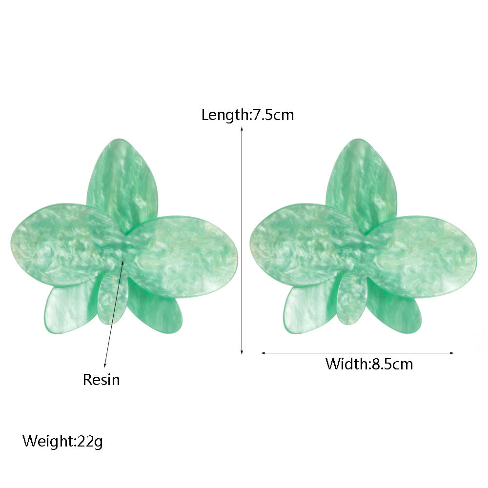 醋酸板材花朵誇張耳環－藍綠款實拍｜https://igowo.tw/
