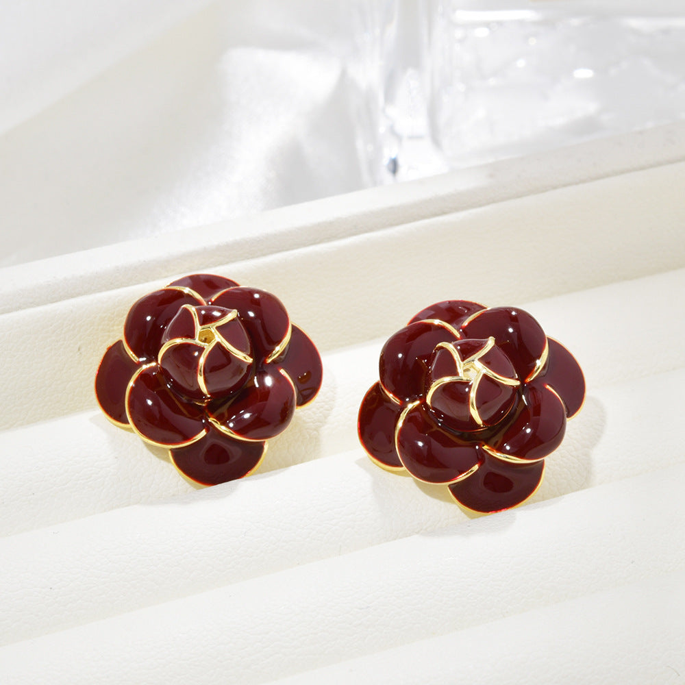 復古紅琺瑯花朵耳釘－商品主圖｜https://igowo.tw/
