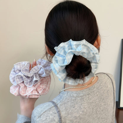 蕾絲格紋大腸圈髮圈－藍色雙層髮圈款實拍｜https://igowo.tw/