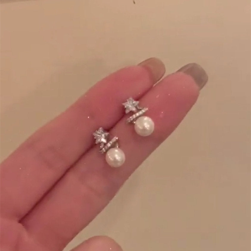 銀針鋯石星星珍珠耳釘法式復古優雅氣質輕奢高級感耳環小眾耳飾女